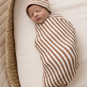 Chestnut Brown Stripe Swaddle & Infant Beanie Set