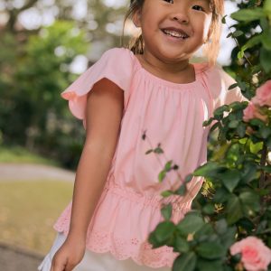 Soft Coral Puff Sleeve Eyelet Top
