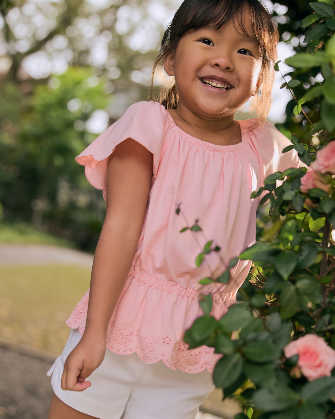 Soft Coral Puff Sleeve Eyelet Top