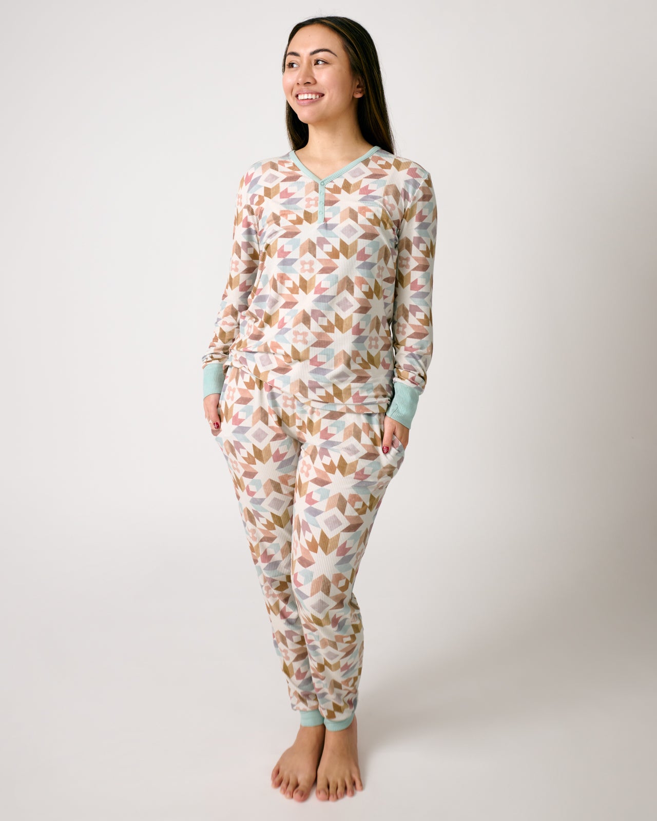 Kaleidoscope Dreams Ribbed Women's Long Sleeve Pajama Top - Image 2