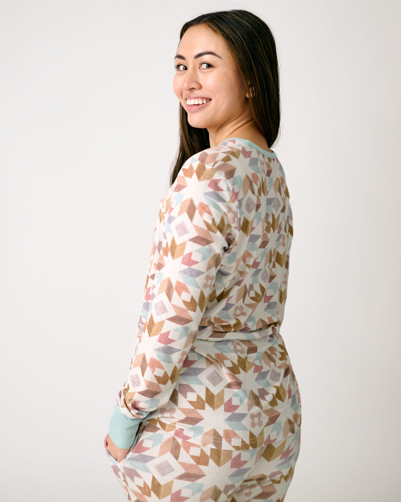 Kaleidoscope Dreams Ribbed Women's Long Sleeve Pajama Top - Image 3