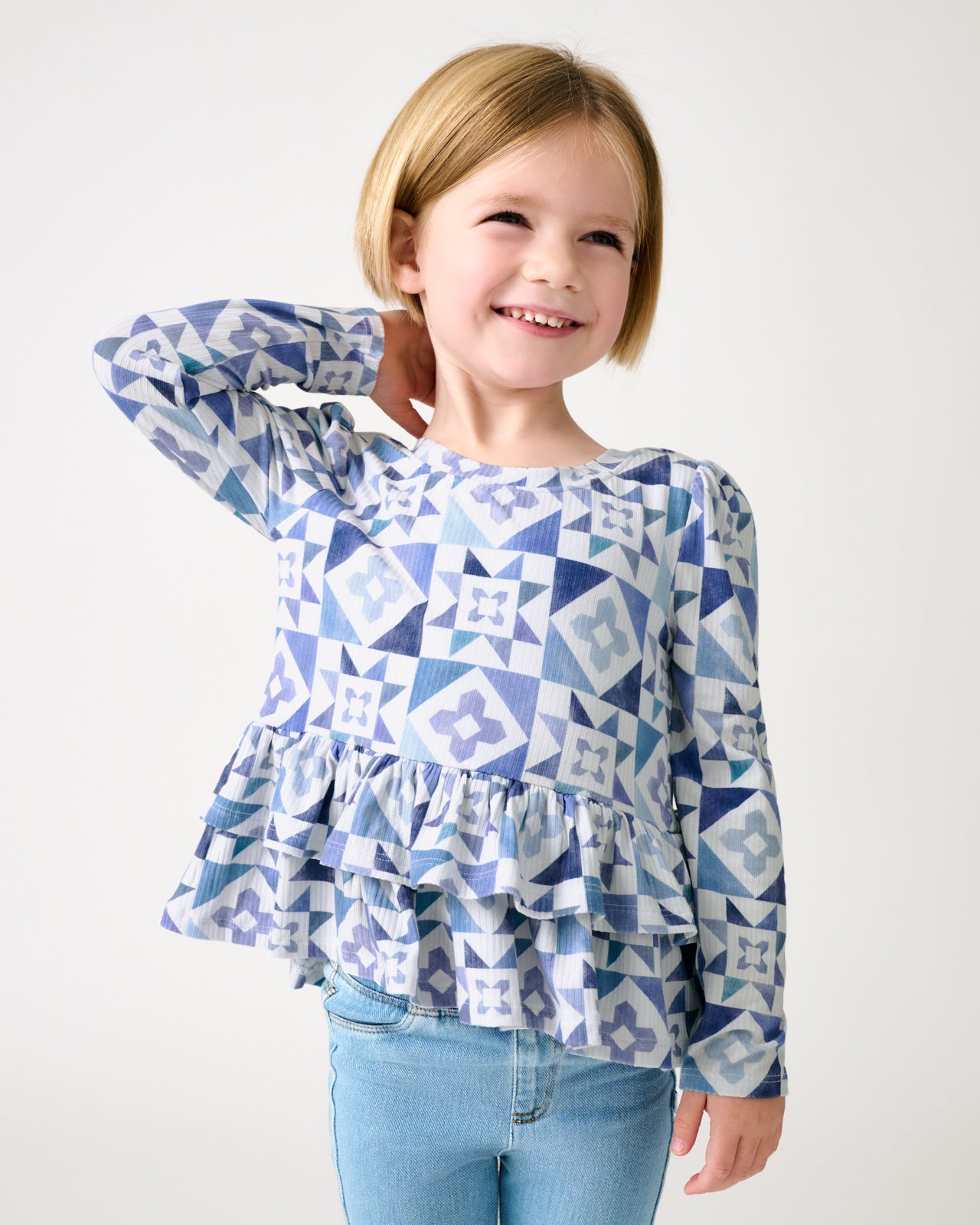 Patchwork Indigo Ribbed Peplum Top