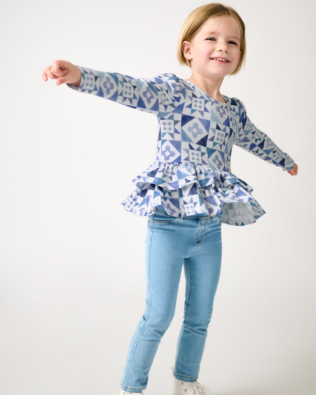 Patchwork Indigo Ribbed Peplum Top - Image 2