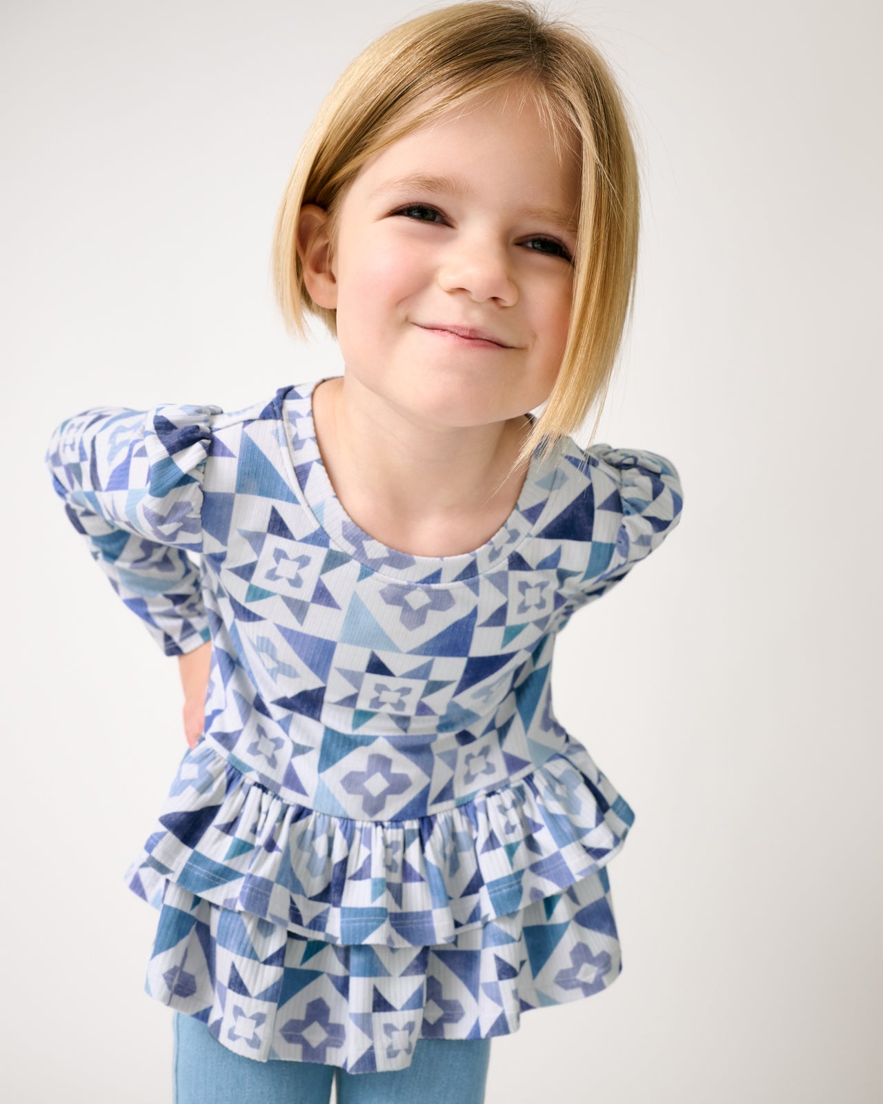 Patchwork Indigo Ribbed Peplum Top - Image 3