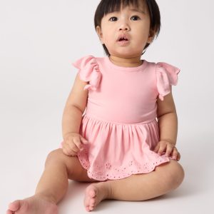 Soft Coral Puff Sleeve Eyelet Bodysuit