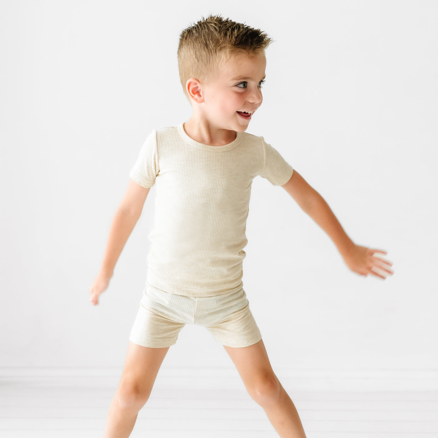 Heather Oatmeal Ribbed Two-Piece Short Sleeve & Shorts Pajama Set - Image 4