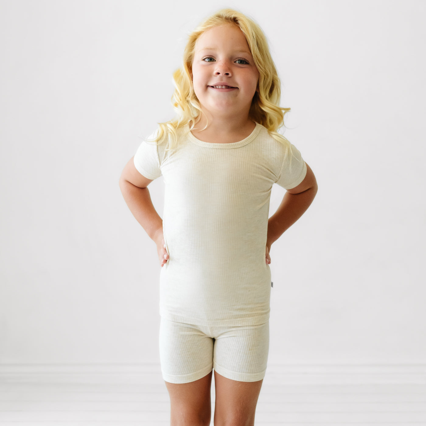 Heather Oatmeal Ribbed Two-Piece Short Sleeve & Shorts Pajama Set - Image 2