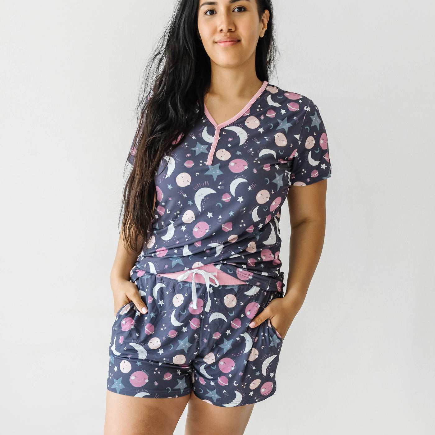 Pink To the Moon & Back Women's Short Sleeve Pajama Top - Image 2